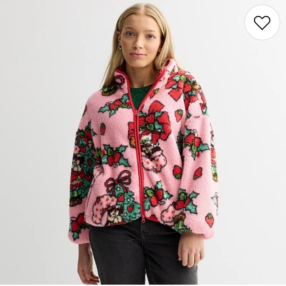 Sanrio Pink Floral Teddy Sherpa Jacket with Red Trim